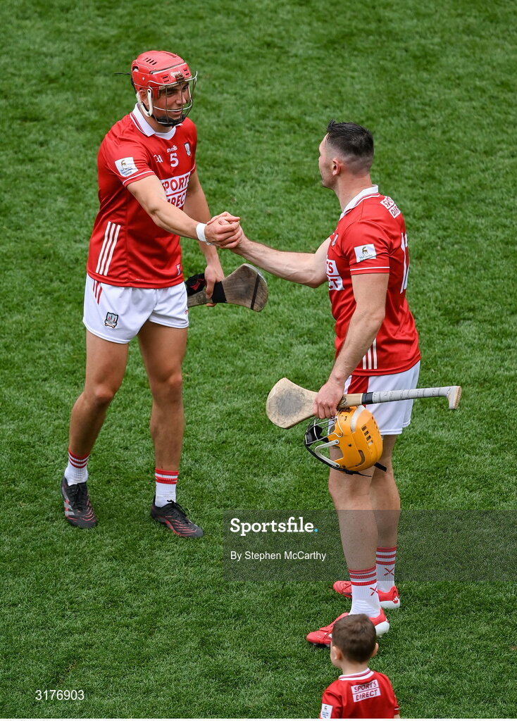 5 July 2025; Ciarán Joyce, left, and Declan Dalton of Cork celebrate after the GAA Hurling All-Ireland Senior Championship semi-final match between Cork and Dublin at Croke Park in Dublin. Photo by Stephen McCarthy/Sportsfile