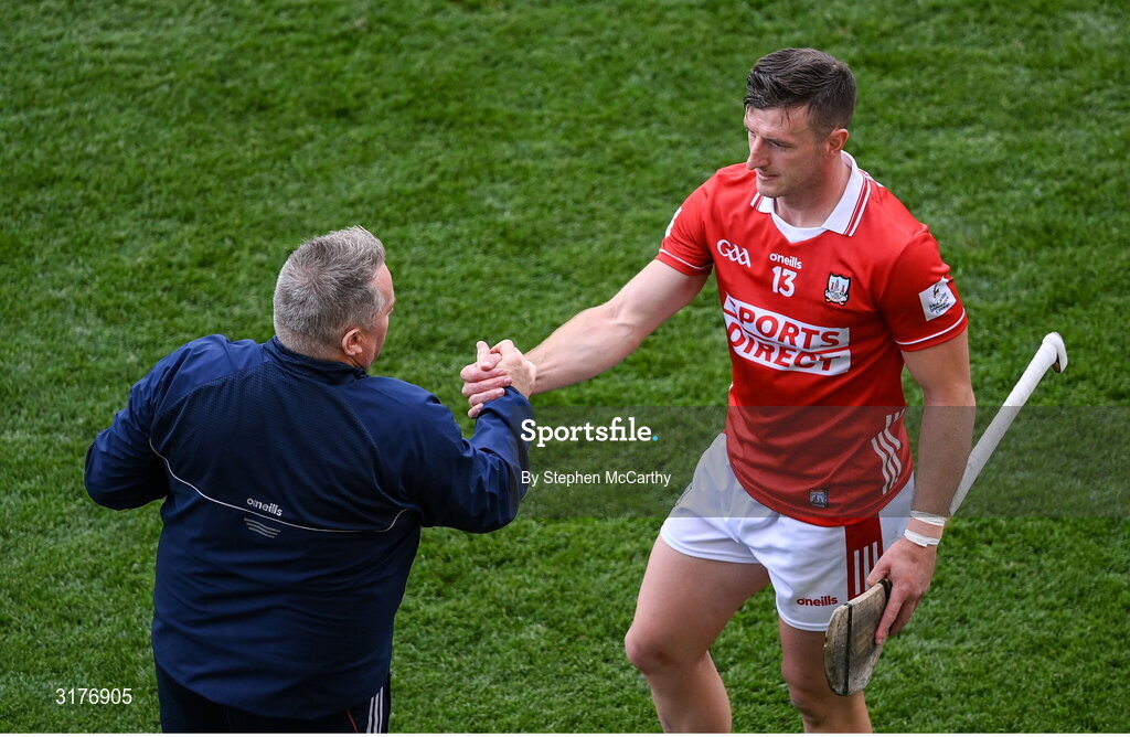5 July 2025; Cork manager Pat Ryan and Patrick Horgan after the GAA Hurling All-Ireland Senior Championship semi-final match between Cork and Dublin at Croke Park in Dublin. Photo by Stephen McCarthy/Sportsfile