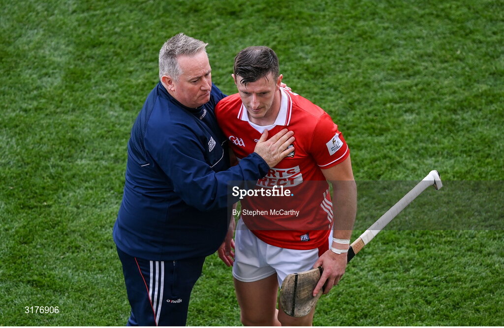 5 July 2025; Cork manager Pat Ryan and Patrick Horgan after the GAA Hurling All-Ireland Senior Championship semi-final match between Cork and Dublin at Croke Park in Dublin. Photo by Stephen McCarthy/Sportsfile