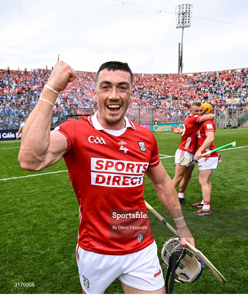 5 July 2025; Seán O'Donoghue of Cork celebrates after the GAA Hurling All-Ireland Senior Championship semi-final match between Cork and Dublin at Croke Park in Dublin. Photo by David Fitzgerald/Sportsfile