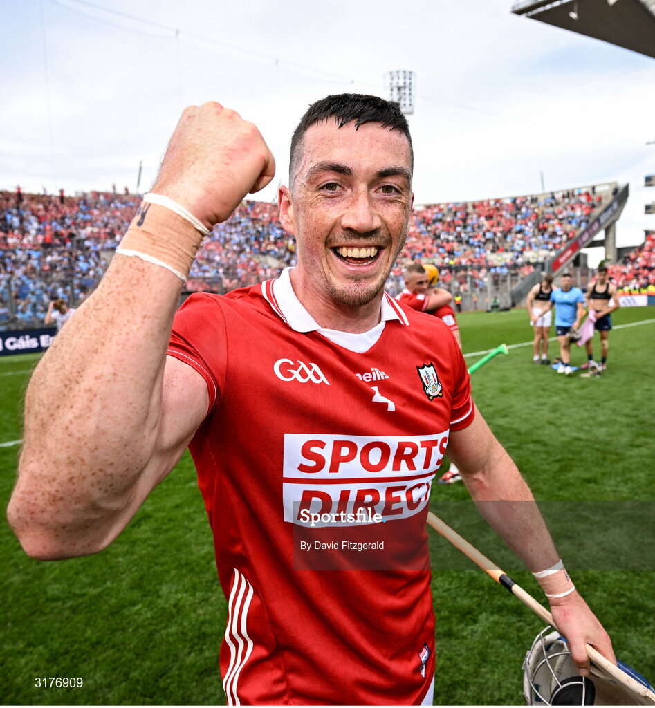 5 July 2025; Seán O'Donoghue of Cork celebrates after the GAA Hurling All-Ireland Senior Championship semi-final match between Cork and Dublin at Croke Park in Dublin. Photo by David Fitzgerald/Sportsfile