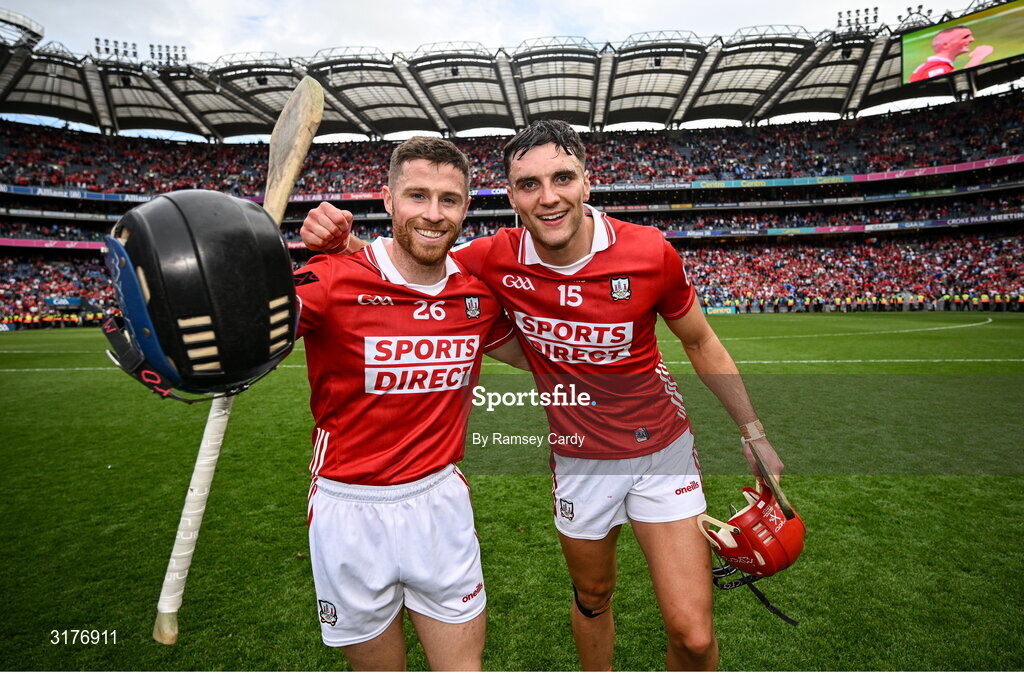 5 July 2025; Conor Lehane, left, and Brian Hayes of Cork celebrate after the GAA Hurling All-Ireland Senior Championship semi-final match between Cork and Dublin at Croke Park in Dublin. Photo by Ramsey Cardy/Sportsfile