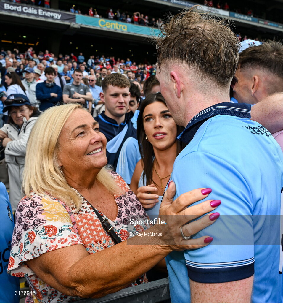 5 July 2025; Conor Burke of Dublin is concoled by his mother, Jackie, after the GAA Hurling All-Ireland Senior Championship semi-final match between Cork and Dublin at Croke Park in Dublin. Photo by Ray McManus/Sportsfile