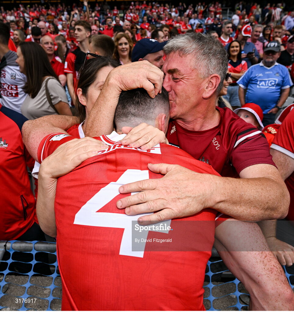 5 July 2025; Seán O'Donoghue of Cork celebrates with his parents Paddy and Yvonne after the GAA Hurling All-Ireland Senior Championship semi-final match between Cork and Dublin at Croke Park in Dublin. Photo by David Fitzgerald/Sportsfile