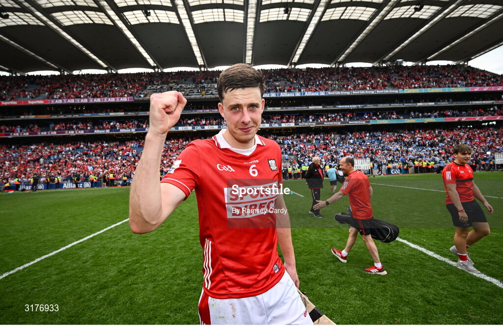 5 July 2025; Robert Downey of Cork celebrates after the GAA Hurling All-Ireland Senior Championship semi-final match between Cork and Dublin at Croke Park in Dublin. Photo by Ramsey Cardy/Sportsfile