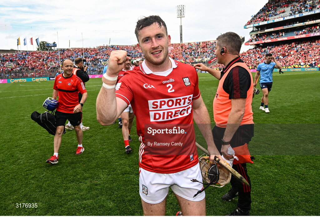 5 July 2025; Niall O'Leary of Cork celebrates after the GAA Hurling All-Ireland Senior Championship semi-final match between Cork and Dublin at Croke Park in Dublin. Photo by Ramsey Cardy/Sportsfile