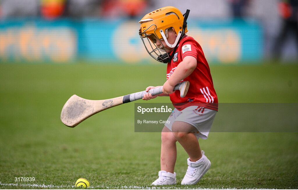 5 July 2025; DJ Dalton, age 2, son of Cork's Declan Dalton, plays on the pitch after the GAA Hurling All-Ireland Senior Championship semi-final match between Cork and Dublin at Croke Park in Dublin. Photo by Ramsey Cardy/Sportsfile