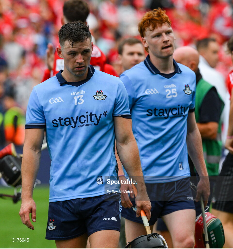 5 July 2025; Sean Currie, 13, and Diarmaid Ó Dúlaing of Dublin after the GAA Hurling All-Ireland Senior Championship semi-final match between Cork and Dublin at Croke Park in Dublin. Photo by Ray McManus/Sportsfile