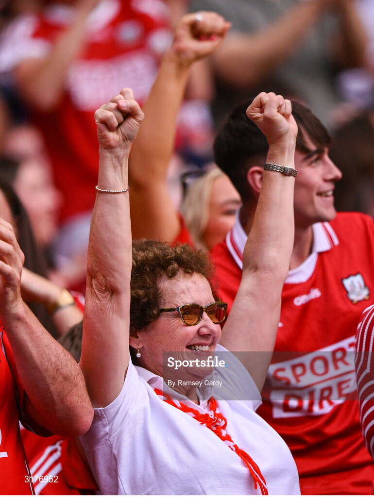 5 July 2025; Cork supporters celebrate during the GAA Hurling All-Ireland Senior Championship semi-final match between Cork and Dublin at Croke Park in Dublin. Photo by Ramsey Cardy/Sportsfile
