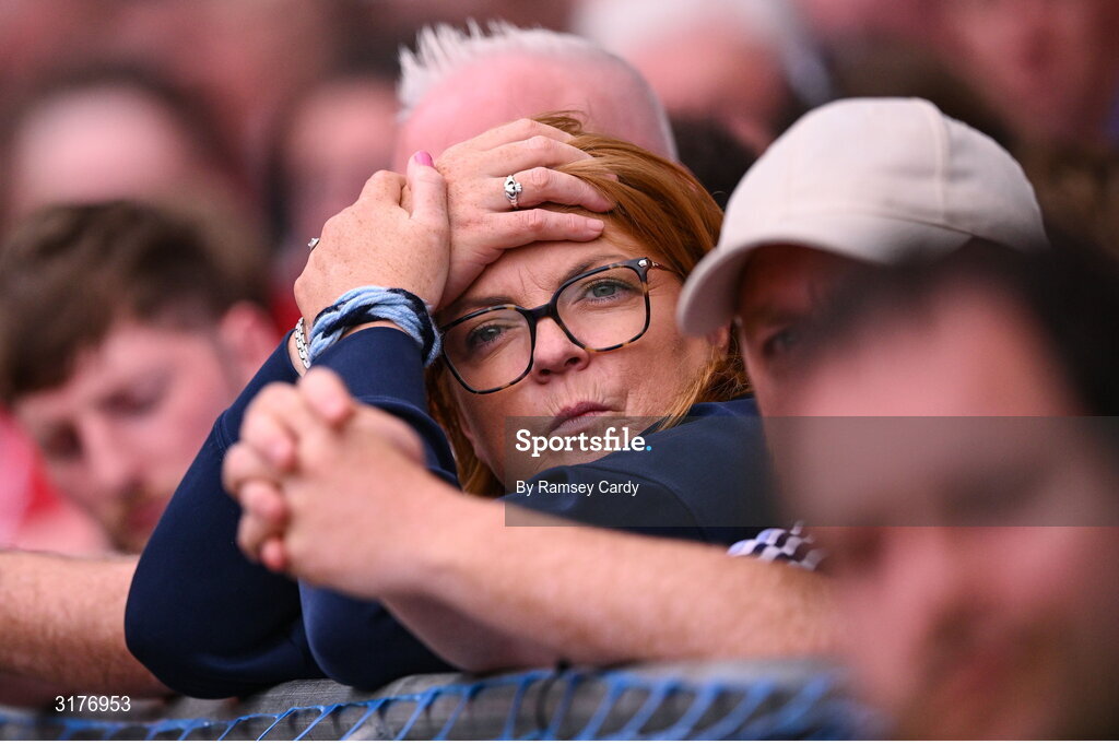 5 July 2025; Dublin supporters dejected during the GAA Hurling All-Ireland Senior Championship semi-final match between Cork and Dublin at Croke Park in Dublin. Photo by Ramsey Cardy/Sportsfile