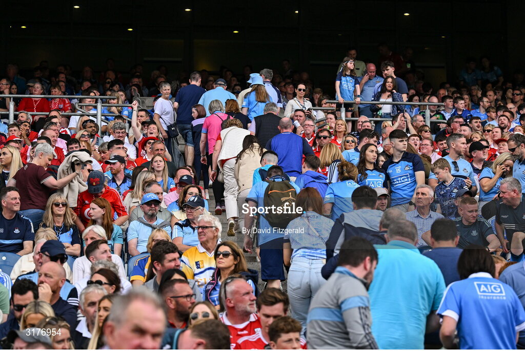 5 July 2025; Dublin supporters leaving before full time during the GAA Hurling All-Ireland Senior Championship semi-final match between Cork and Dublin at Croke Park in Dublin. Photo by David Fitzgerald/Sportsfile