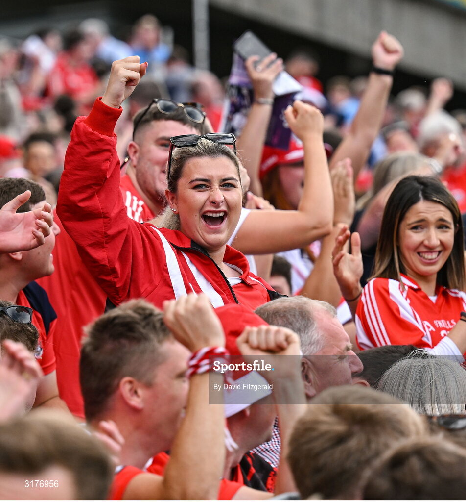 5 July 2025; Cork supporters celebrate a score during the GAA Hurling All-Ireland Senior Championship semi-final match between Cork and Dublin at Croke Park in Dublin. Photo by David Fitzgerald/Sportsfile