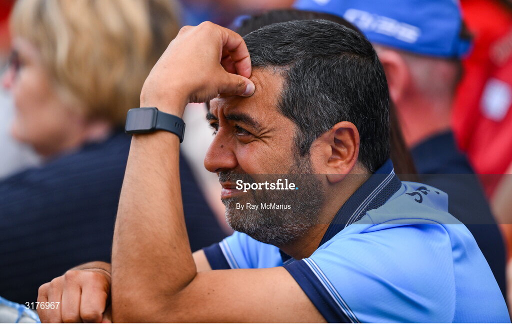 5 July 2025; A Dublin supporter during the GAA Hurling All-Ireland Senior Championship semi-final match between Cork and Dublin at Croke Park in Dublin. Photo by Ray McManus/Sportsfile
