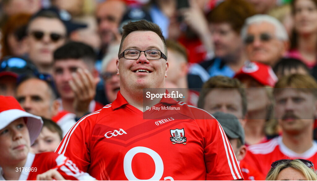 5 July 2025; A Cork supporter during the GAA Hurling All-Ireland Senior Championship semi-final match between Cork and Dublin at Croke Park in Dublin. Photo by Ray McManus/Sportsfile