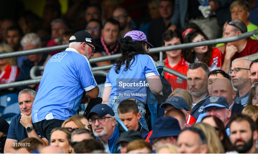 5 July 2025; Dublin supporters leave, in the 73rd minute, during the GAA Hurling All-Ireland Senior Championship semi-final match between Cork and Dublin at Croke Park in Dublin. Photo by Ray McManus/Sportsfile