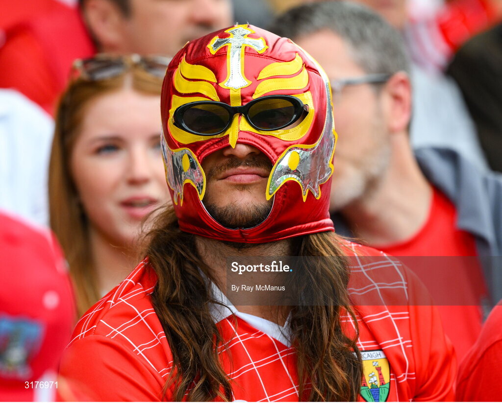 5 July 2025; A Cork supporter during the GAA Hurling All-Ireland Senior Championship semi-final match between Cork and Dublin at Croke Park in Dublin. Photo by Ray McManus/Sportsfile