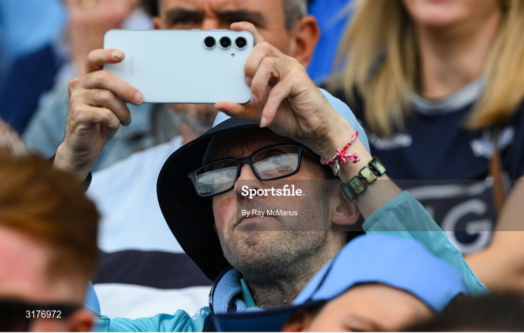 5 July 2025; A Dublin supporter during the GAA Hurling All-Ireland Senior Championship semi-final match between Cork and Dublin at Croke Park in Dublin. Photo by Ray McManus/Sportsfile