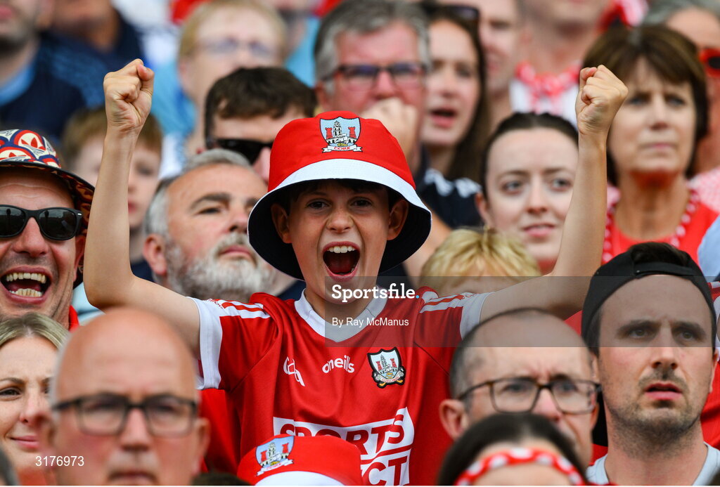 5 July 2025; A Cork supporter during the GAA Hurling All-Ireland Senior Championship semi-final match between Cork and Dublin at Croke Park in Dublin. Photo by Ray McManus/Sportsfile