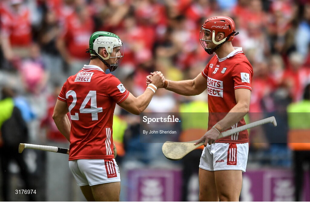 5 July 2025; Cork players, from left, Shane Kingston and Brian Hayes after the GAA Hurling All-Ireland Senior Championship semi-final match between Cork and Dublin at Croke Park in Dublin. Photo by John Sheridan/Sportsfile