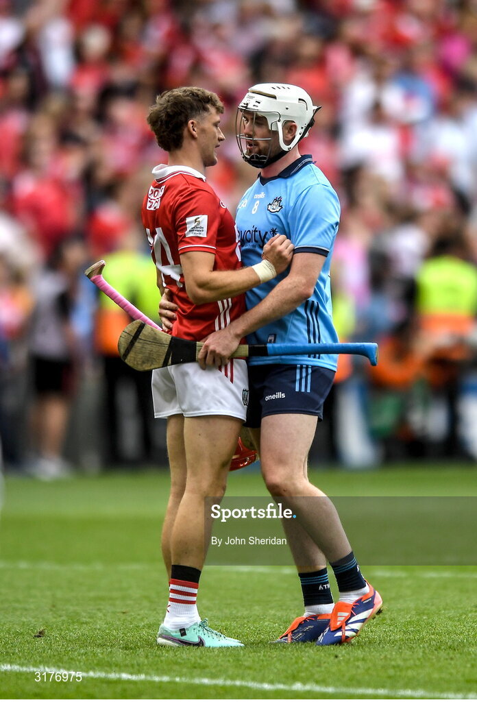 5 July 2025; Alan Connolly of Cork and Conor Donohoe of Dublin after the GAA Hurling All-Ireland Senior Championship semi-final match between Cork and Dublin at Croke Park in Dublin. Photo by John Sheridan/Sportsfile