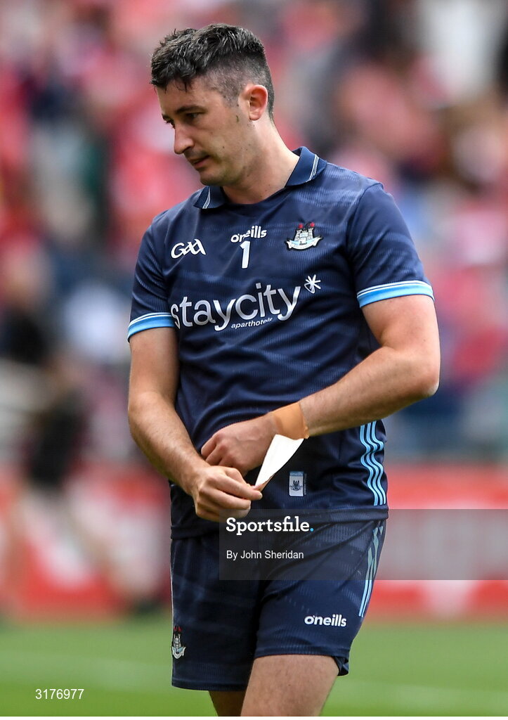 5 July 2025; Dublin goalkeeper Sean Brennan dejected after the GAA Hurling All-Ireland Senior Championship semi-final match between Cork and Dublin at Croke Park in Dublin. Photo by John Sheridan/Sportsfile