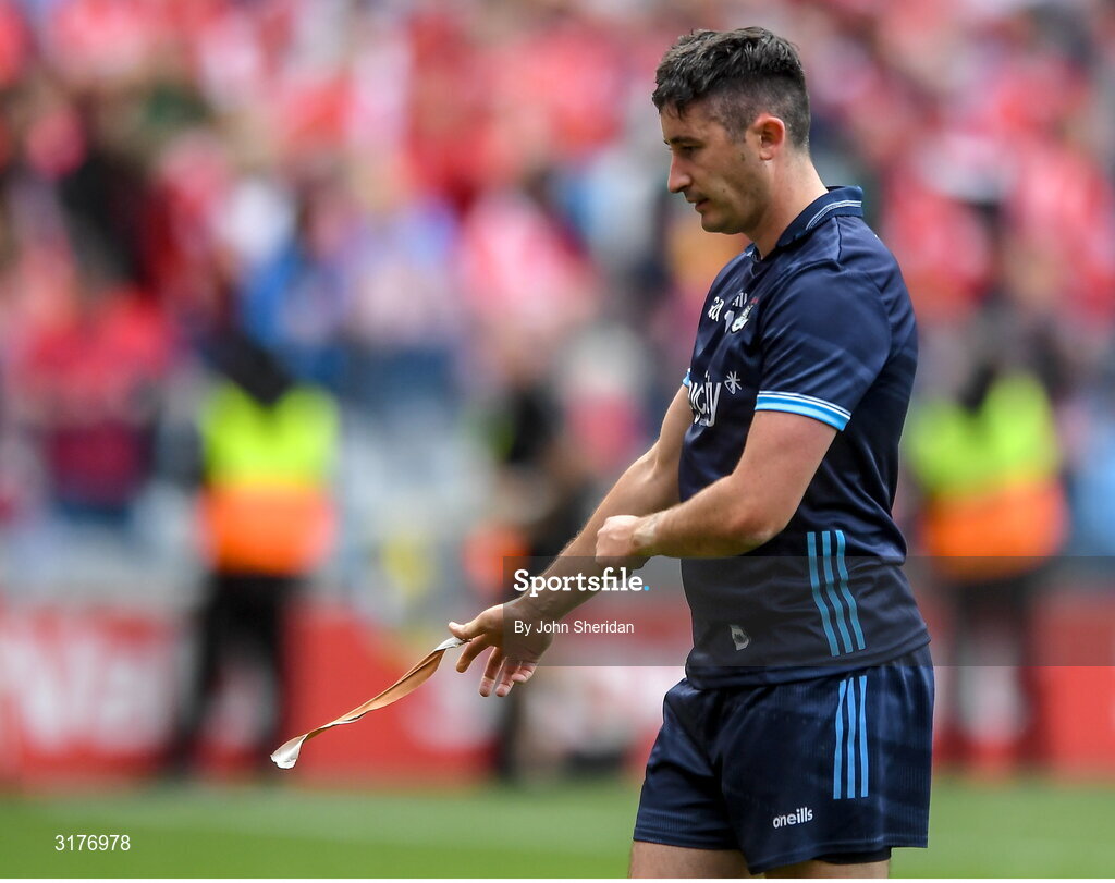 5 July 2025; Dublin goalkeeper Sean Brennan dejected after the GAA Hurling All-Ireland Senior Championship semi-final match between Cork and Dublin at Croke Park in Dublin. Photo by John Sheridan/Sportsfile