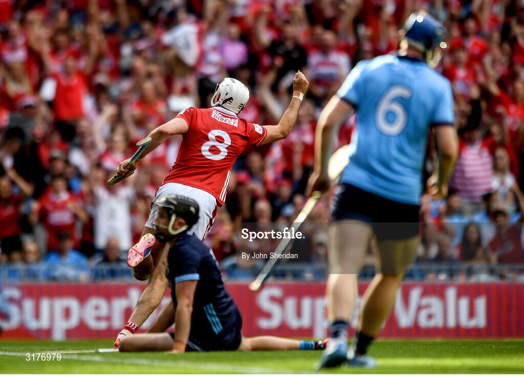 5 July 2025; Tim O'Mahony of Cork celebrates after scoring his side's fifth goal during the GAA Hurling All-Ireland Senior Championship semi-final match between Cork and Dublin at Croke Park in Dublin Photo by John Sheridan/Sportsfile