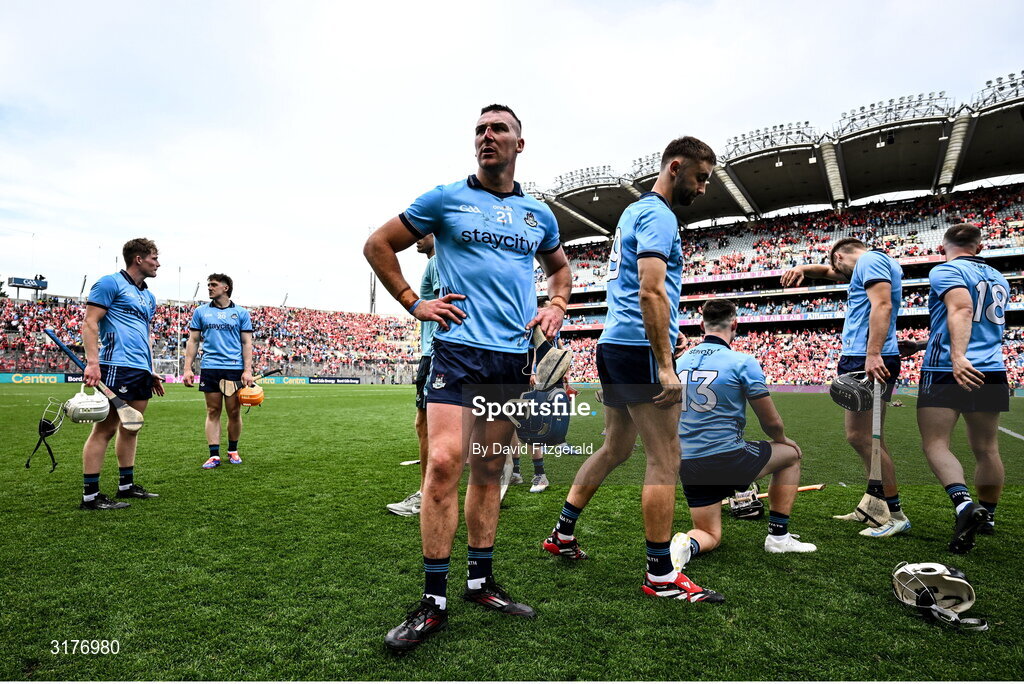 5 July 2025; John Hetherton of Dublin, centre, and team mates after the GAA Hurling All-Ireland Senior Championship semi-final match between Cork and Dublin at Croke Park in Dublin. Photo by David Fitzgerald/Sportsfile