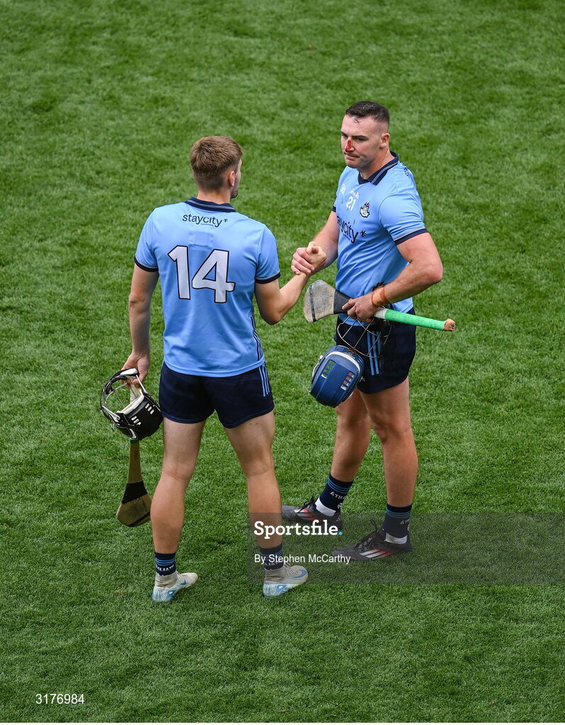 5 July 2025; Ronan Hayes, left, and John Hetherton of Dublin after the GAA Hurling All-Ireland Senior Championship semi-final match between Cork and Dublin at Croke Park in Dublin. Photo by Stephen McCarthy/Sportsfile