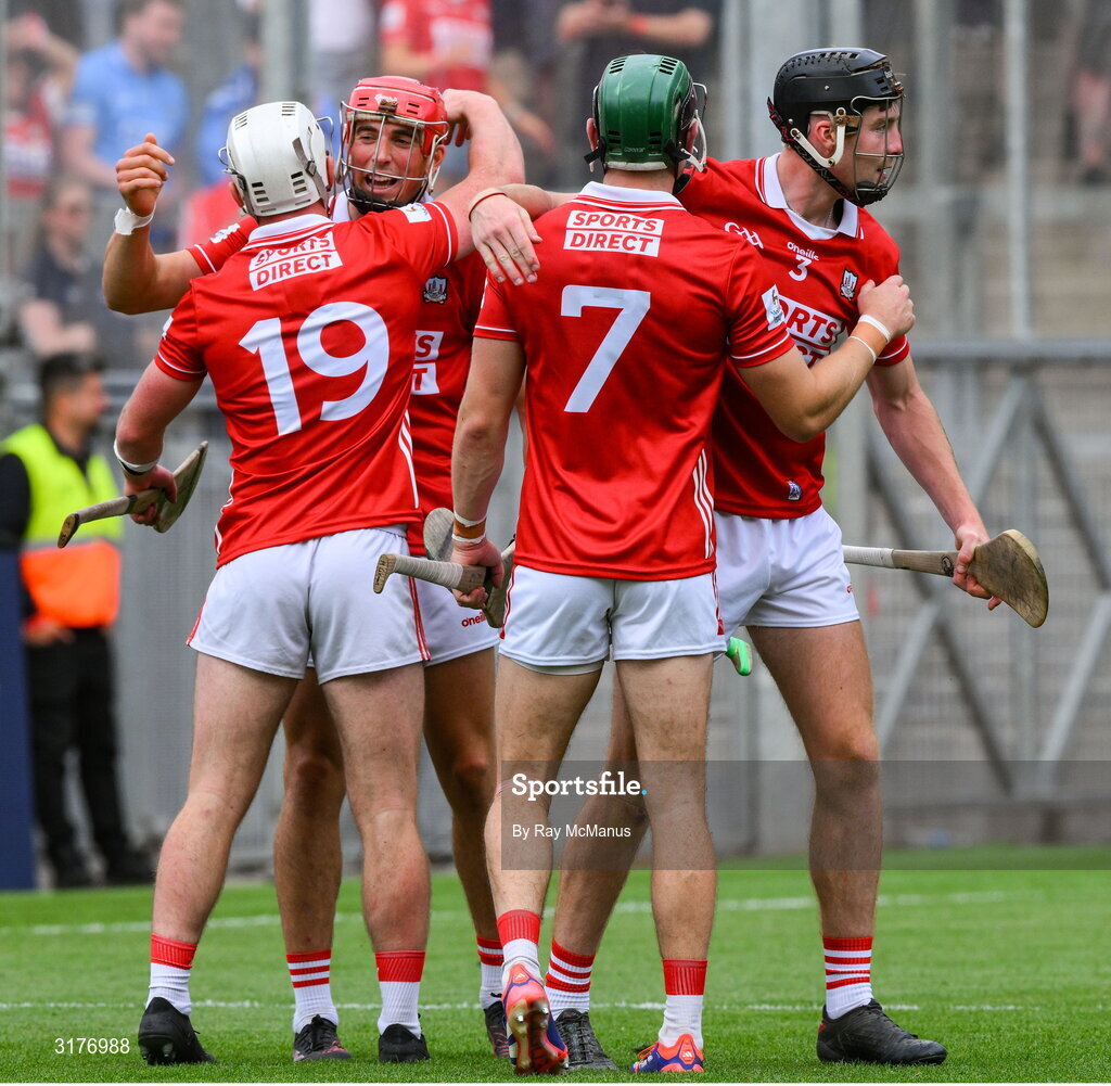 5 July 2025; Cork players, from left, Tommy O'Connell, Mark Coleman, Ciarán Joyce and Eoin Downey celebrate after the GAA Hurling All-Ireland Senior Championship semi-final match between Cork and Dublin at Croke Park in Dublin. Photo by Ray McManus/Sportsfile