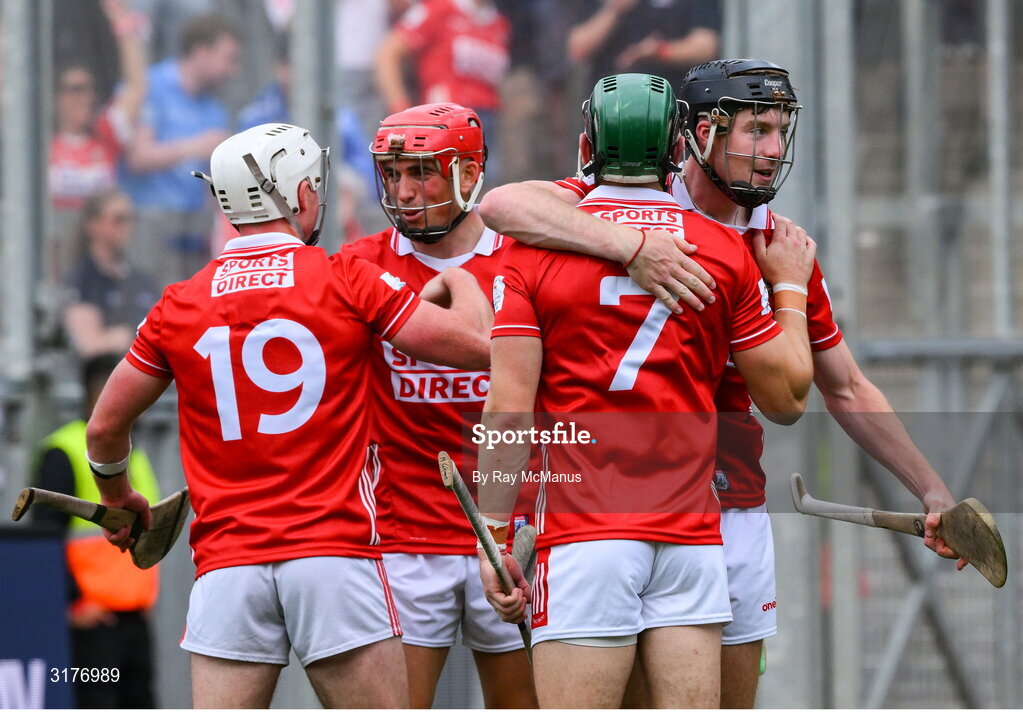 5 July 2025; Cork players, from left, Tommy O'Connell, Mark Coleman, Ciarán Joyce and Eoin Downey celebrate after the GAA Hurling All-Ireland Senior Championship semi-final match between Cork and Dublin at Croke Park in Dublin. Photo by Ray McManus/Sportsfile
