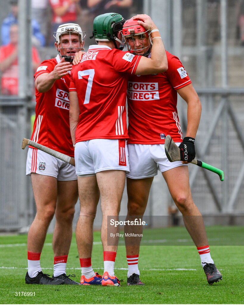 5 July 2025; Cork players, from left, Tommy O'Connell, Mark Coleman and Ciarán Joyce celebrate after the GAA Hurling All-Ireland Senior Championship semi-final match between Cork and Dublin at Croke Park in Dublin. Photo by Ray McManus/Sportsfile