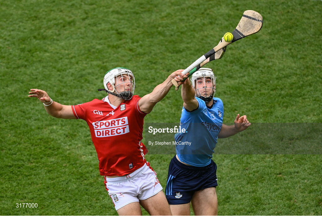 5 July 2025; Shane Kingston of Cork in action against David Lucey of Dublin during the GAA Hurling All-Ireland Senior Championship semi-final match between Cork and Dublin at Croke Park in Dublin. Photo by Stephen McCarthy/Sportsfile