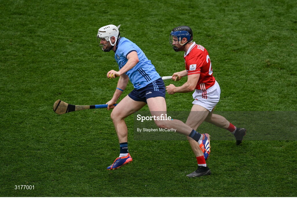 5 July 2025; Conor Donohoe of Dublin in action against Conor Lehane of Cork during the GAA Hurling All-Ireland Senior Championship semi-final match between Cork and Dublin at Croke Park in Dublin. Photo by Stephen McCarthy/Sportsfile