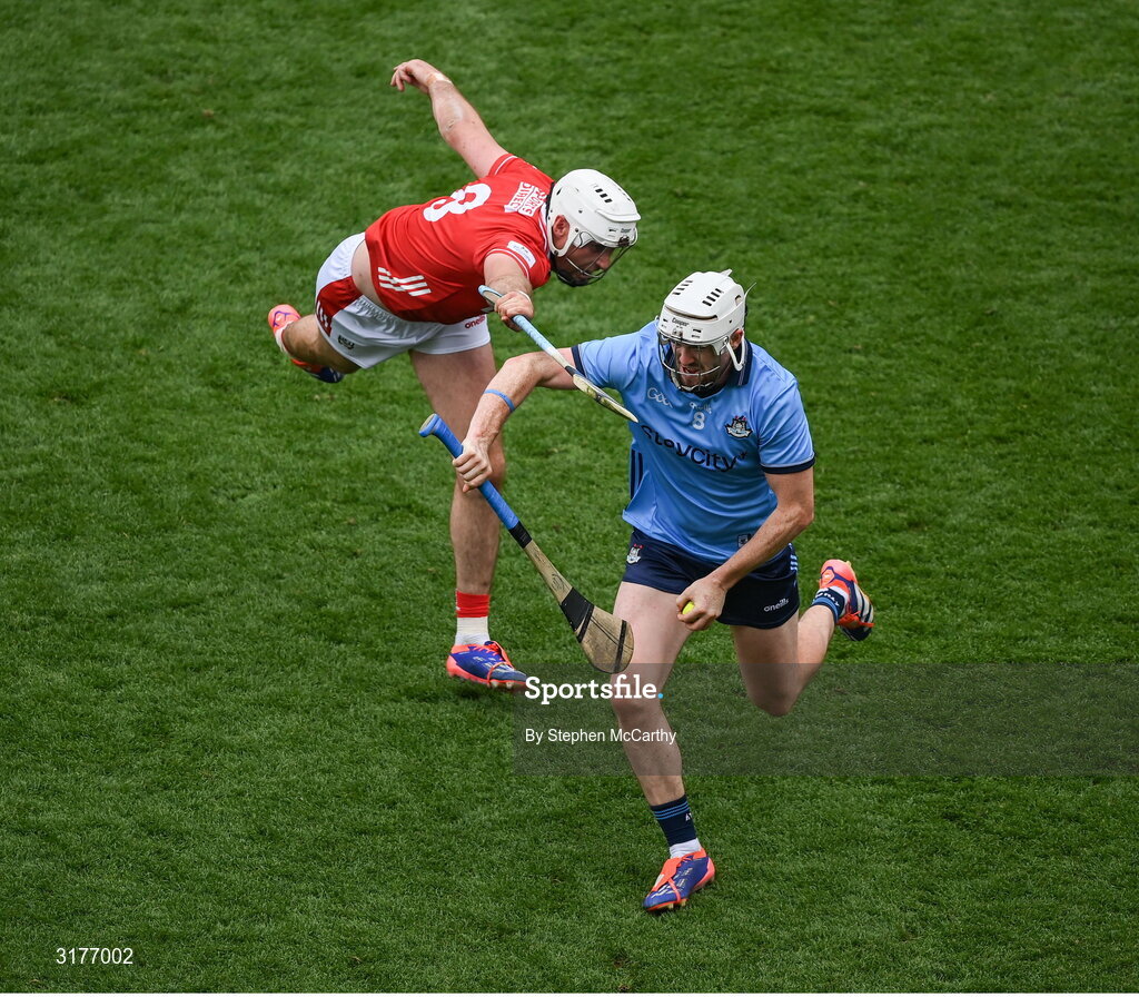 5 July 2025; Conor Donohoe of Dublin in action against Tim O'Mahony of Cork during the GAA Hurling All-Ireland Senior Championship semi-final match between Cork and Dublin at Croke Park in Dublin. Photo by Stephen McCarthy/Sportsfile