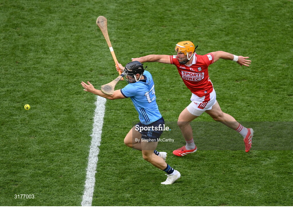 5 July 2025; Sean Currie of Dublin in action against Declan Dalton of Cork during the GAA Hurling All-Ireland Senior Championship semi-final match between Cork and Dublin at Croke Park in Dublin. Photo by Stephen McCarthy/Sportsfile