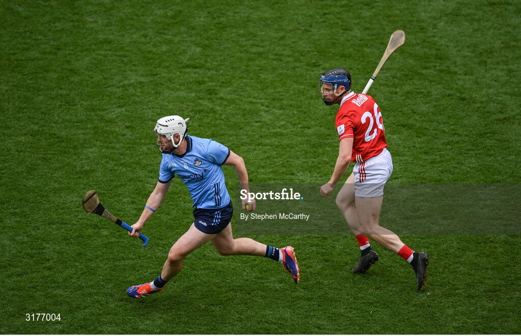 5 July 2025; Conor Donohoe of Dublin in action against Conor Lehane of Cork during the GAA Hurling All-Ireland Senior Championship semi-final match between Cork and Dublin at Croke Park in Dublin. Photo by Stephen McCarthy/Sportsfile