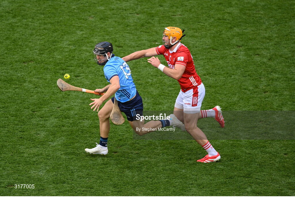 5 July 2025; Sean Currie of Dublin in action against Declan Dalton of Cork during the GAA Hurling All-Ireland Senior Championship semi-final match between Cork and Dublin at Croke Park in Dublin. Photo by Stephen McCarthy/Sportsfile