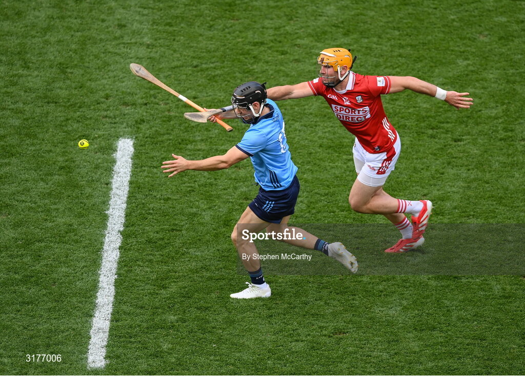 5 July 2025; Sean Currie of Dublin in action against Declan Dalton of Cork during the GAA Hurling All-Ireland Senior Championship semi-final match between Cork and Dublin at Croke Park in Dublin. Photo by Stephen McCarthy/Sportsfile