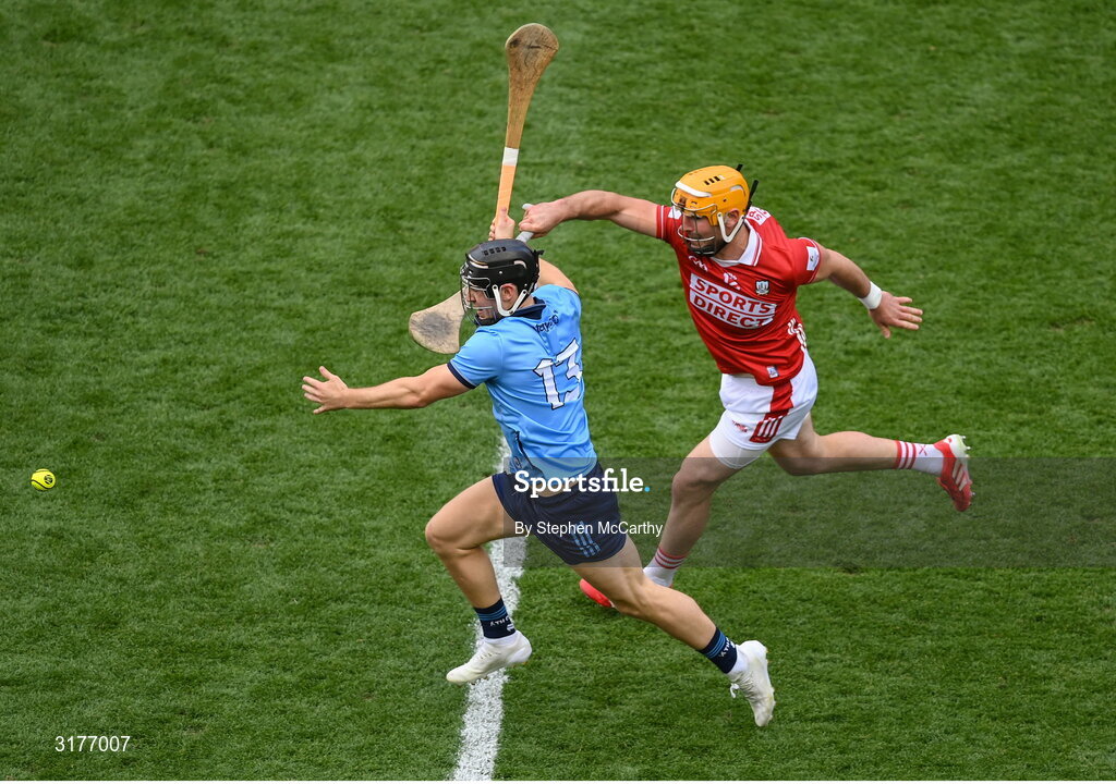 5 July 2025; Sean Currie of Dublin in action against Declan Dalton of Cork during the GAA Hurling All-Ireland Senior Championship semi-final match between Cork and Dublin at Croke Park in Dublin. Photo by Stephen McCarthy/Sportsfile