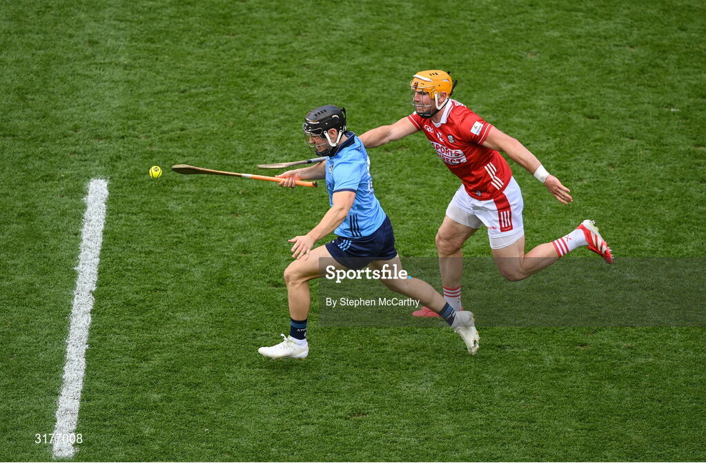 5 July 2025; Sean Currie of Dublin in action against Declan Dalton of Cork during the GAA Hurling All-Ireland Senior Championship semi-final match between Cork and Dublin at Croke Park in Dublin. Photo by Stephen McCarthy/Sportsfile