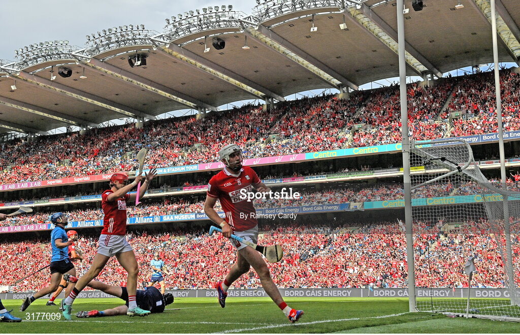 5 July 2025; Tim O'Mahony of Cork celebrates after scoring his side's sixth goal during the GAA Hurling All-Ireland Senior Championship semi-final match between Cork and Dublin at Croke Park in Dublin. Photo by Ramsey Cardy/Sportsfile