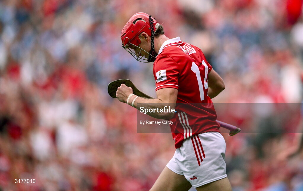 5 July 2025; Alan Connolly of Cork celebrates after scoring his side's seventh goal during the GAA Hurling All-Ireland Senior Championship semi-final match between Cork and Dublin at Croke Park in Dublin. Photo by Ramsey Cardy/Sportsfile