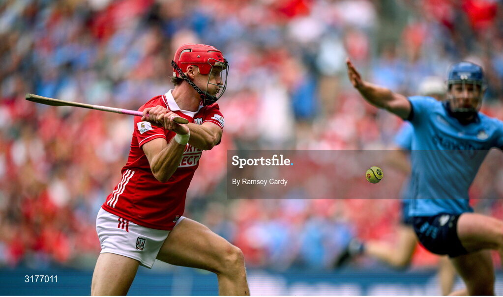 5 July 2025; Alan Connolly of Cork scores his side's seventh goal during the GAA Hurling All-Ireland Senior Championship semi-final match between Cork and Dublin at Croke Park in Dublin. Photo by Ramsey Cardy/Sportsfile