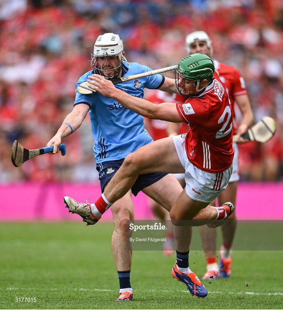5 July 2025; Conor Donohoe of Dublin in action against Robbie O'Flynn of Cork during the GAA Hurling All-Ireland Senior Championship semi-final match between Cork and Dublin at Croke Park in Dublin. Photo by David Fitzgerald/Sportsfile