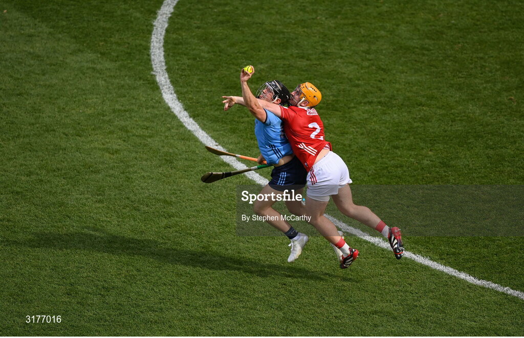 5 July 2025; Sean Currie of Dublin in action against Niall O'Leary of Cork during the GAA Hurling All-Ireland Senior Championship semi-final match between Cork and Dublin at Croke Park in Dublin. Photo by Stephen McCarthy/Sportsfile