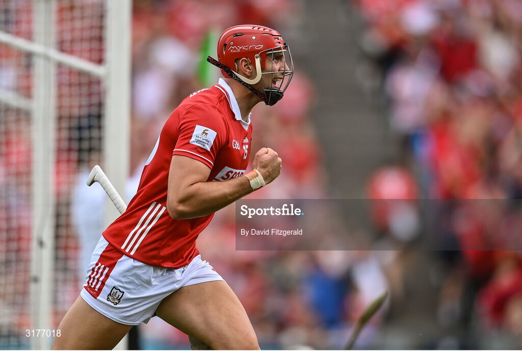 5 July 2025; Brian Hayes of Cork celebrates after scoring his side's first goal during the GAA Hurling All-Ireland Senior Championship semi-final match between Cork and Dublin at Croke Park in Dublin. Photo by David Fitzgerald/Sportsfile