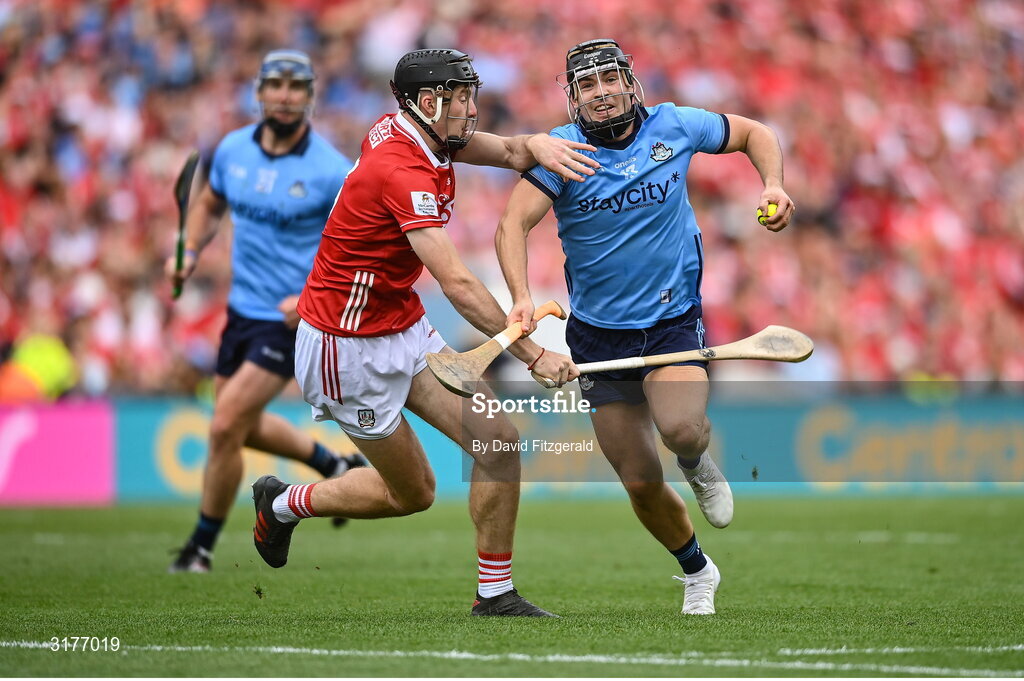 5 July 2025; Sean Currie of Dublin in action against Eoin Downey of Cork during the GAA Hurling All-Ireland Senior Championship semi-final match between Cork and Dublin at Croke Park in Dublin. Photo by David Fitzgerald/Sportsfile