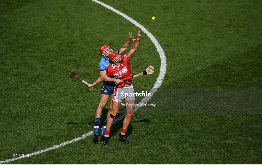 5 July 2025; Brian Hayes of Cork in action against Paddy Smyth of Dublin during the GAA Hurling All-Ireland Senior Championship semi-final match between Cork and Dublin at Croke Park in Dublin. Photo by Stephen McCarthy/Sportsfile