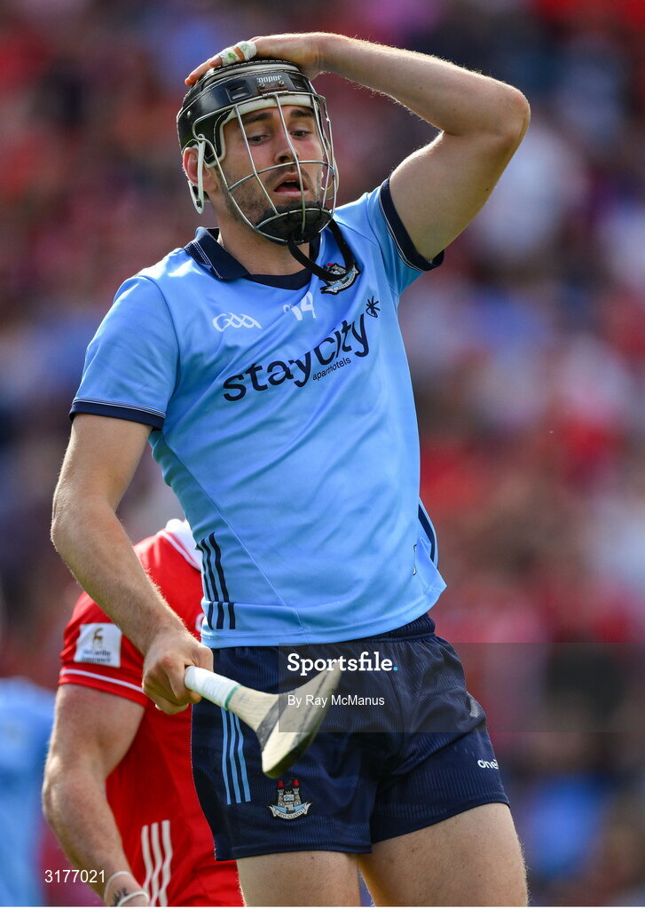 5 July 2025; Ronan Hayes of Dublin reacts to a missed chance  during the GAA Hurling All-Ireland Senior Championship semi-final match between Cork and Dublin at Croke Park in Dublin. Photo by Ray McManus/Sportsfile